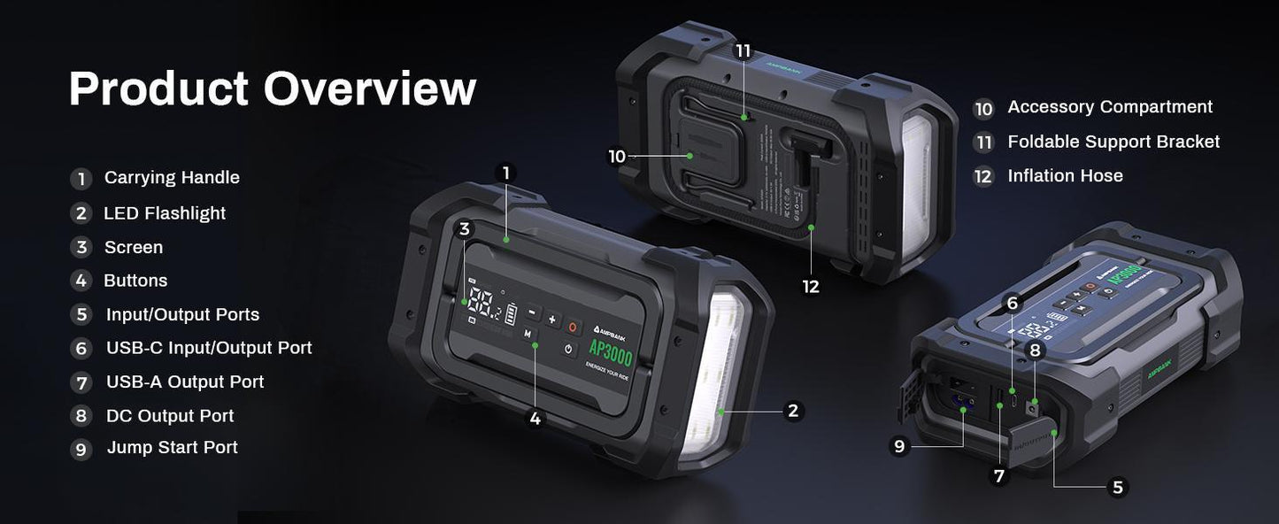 2-in-1 Car Jump Starter & Tire Inflator Battery Booster 12V